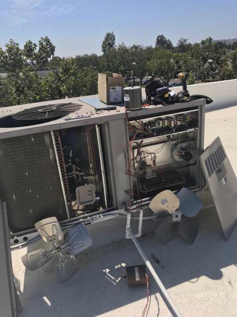 Returned to a commercial customer in Camarillo California to complete repairs on a commercial ICP air conditioner. The unit needed its condenser fan motor, blade and capacitor replaced, as well as a contactor. Re-hooked electrical and tested system. Unit is back up and running with a 55 degree supply temperature. Job complete.