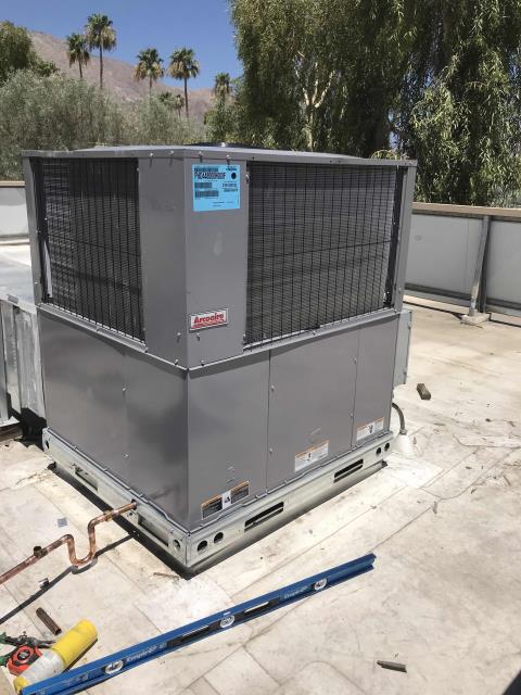 A commercial customer in Palm Springs CA was scheduled for a new air conditioner installation today. Met with crane company onsite, lifted off old unit and place new system on the roof. Completed installation by sealing supply and returns, hooking up all electrical, drain lines. Tested and ran unit after installing, system working well and no issues to report. Permit process to complete.