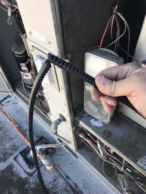 Responded to a no-cooling request from a commercial customer in Tracy California. Our local HVAC technician arrived and troubleshooted RTU #5, finding the belt had broken and the VFD had failed. Replaced the belt and bypassed the VFD to bring the unit up and running, until the VFD can be replaced. Also inspected Lennox unit #4 and found it tripped on high head pressure for circuit #2. Condenser fan motor had failed on that circuit. Disconnected the circuit, leaving unit running on one stage for cooling. Will quote and order necessary parts for repairs.