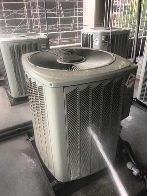 Los Angeles, CA - A commercial customer in LA requested coil washing for all their air conditioners, due to nearby construction that was kicking up dust. Our tech arrived and power washed all condenser coils, cycled and ran systems to confirm operations after completion. Units clean and running normally. Los Angeles, CA - A commercial customer in LA requested coil washing for all their air conditioners, due to nearby construction that was kicking up dust. Our tech arrived and power washed all condenser coils, cycled and ran systems to confirm operations after completion. Units clean and running normally.