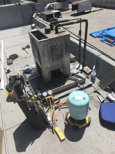 Glendale, CA - Dispatched our Glendale CA commercial HVAC technician to a bakery in need of water chiller repairs. The system needed a new compressor per customer report. Upon arrival, our technician recovered the refrigerant and installed the new compressor, filter drier and access valves. Pressurized system to test for leaks and found none. After hooking up all electrical components, found the agitator pump was not functional. Customer stated they would take care of that repair themselves. System is off until agitator motor is replaced, but otherwise functional and ready for use once that is complete. Glendale, CA - Dispatched our Glendale CA commercial HVAC technician to a bakery in need of water chiller repairs. The system needed a new compressor per customer report. Upon arrival, our technician recovered the refrigerant and installed the new compressor, filter drier and access valves. Pressurized system to test for leaks and found none. After hooking up all electrical components, found the agitator pump was not functional. Customer stated they would take care of that repair themselves. System is off until agitator motor is replaced, but otherwise functional and ready for use once that is complete.