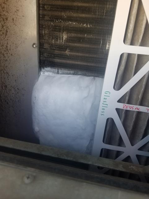 A grocery store in Roseville CA reported their pizza area was too hot. Our commercial AC technician troubleshooted the system and found the evaporator coil frozen with the blower motor not running. The technician replaced a failed capacitor and retested. Blower operational again, remainder of system operational. 