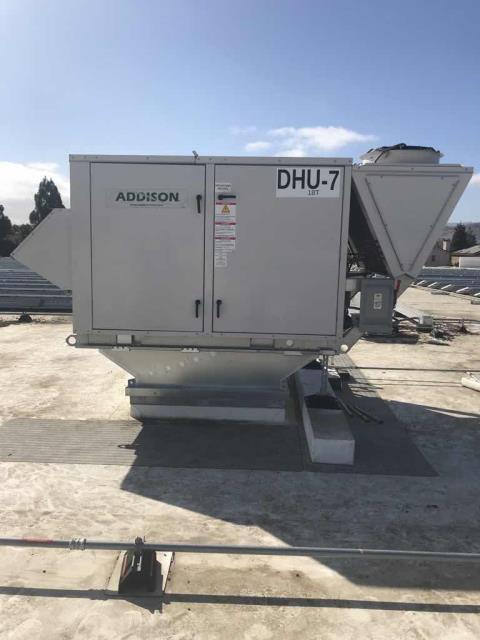 New HVAC installation scheduled at a commercial property in Hollister California today. Lift scheduled today to remove existing equipment and set new units. Completed all connections including gas, electrical and refrigerant lines. Will return tomorrow AM to complete installation and setup of communication systems and sensors.