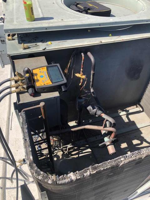 Los Angeles, CA - Our LA county commercial HVAC technician returned to a property to complete approved repairs. The #1 Rheem unit needed a leak search and repair performed, and also needed it's low pressure switch, liquid line filter drier, condenser fan motor and capacitor replaced. Also needed to replace a pitted contactor on unit #2. After completing all approved work, the technician tested operations. Unit #1 tripping on low pressure, determined that the TXV will also need replacing. Unit #2 is up and running, will need to bid additional repairs for #1. Los Angeles, CA - Our LA county commercial HVAC technician returned to a property to complete approved repairs. The #1 Rheem unit needed a leak search and repair performed, and also needed it's low pressure switch, liquid line filter drier, condenser fan motor and capacitor replaced. Also needed to replace a pitted contactor on unit #2. After completing all approved work, the technician tested operations. Unit #1 tripping on low pressure, determined that the TXV will also need replacing. Unit #2 is up and running, will need to bid additional repairs for #1.