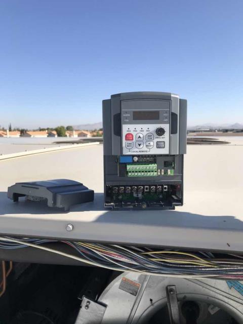 Returned to a commercial property in Victorville CA to replace a VFD on the #4 Lennox unit. After wiring in new part, tested all operations and called into EMS to confirm there were no alarms visible on any other air conditioners. Job complete.