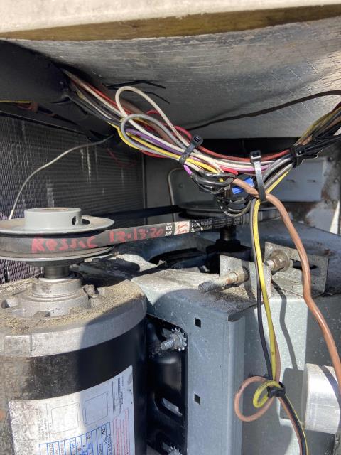 Our HVAC tech inspected a unit for a manager's office at a store in Malibu, California. He found that the unit had a broken belt and loose motor wiring. Belt was replaced and wiring ziptied and organized. Unit is now cooling, but the technician noted that he blower bearings are making noise and starting to fail. Additional repairs will be quoted, unit operational while we await approval for blower bearing work.