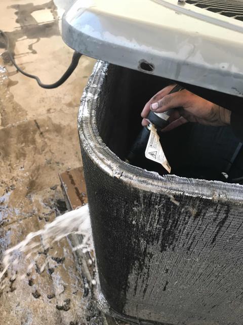 Jewelry store in San Diego county requested immediate service for a water leak onsite. Tech arrived and searched for leak, unable to find any source of water from HVAC equipment. Did receive onsite approval to thoroughly clean condenser coils, as unit had shut off due to lack of airflow. 