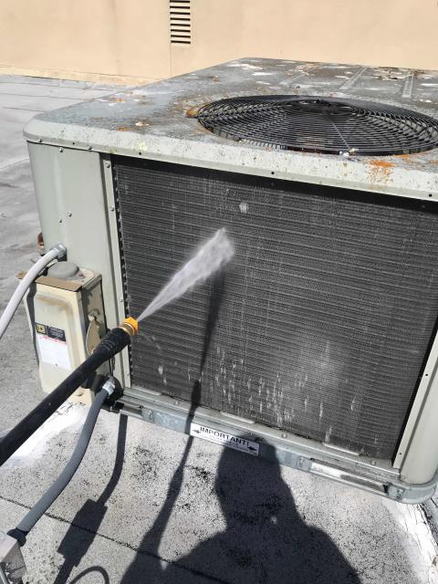 HVAC call in Pacific Grove, California, for a pet store approved repair. Condenser coils needed to be cleaned on all five York air conditioners. Flushed traps and drains and washed away heavy moss buildup. Coils in better shape now and site cool.