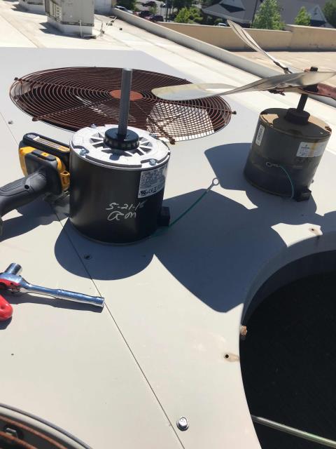 Redding, California, a/c technician dispatched to a home goods store for approved repairs. The Lennox AC needed the condenser fan motor replaced. Tech also replaced the capacitor and fan blade. Tested system, back up and running and site comfortable.