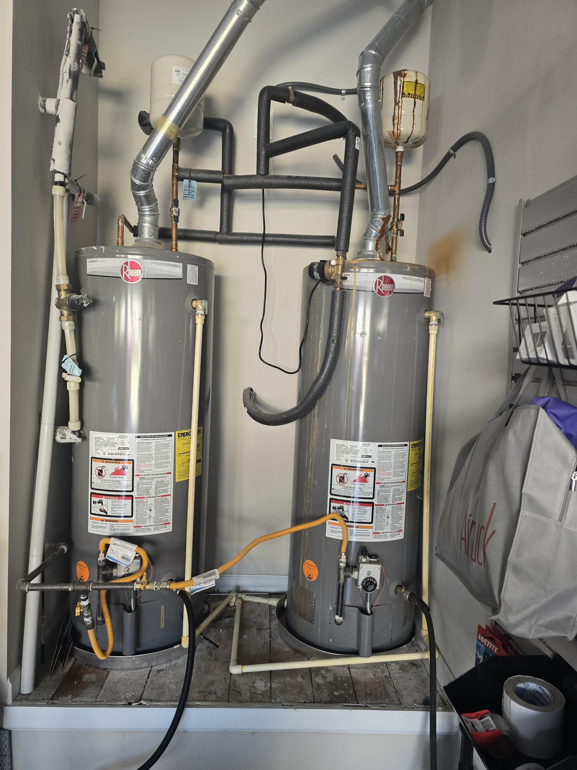 We completed a comprehensive water heater and plumbing system upgrade for a residential property. The project involved removing and disposing of two existing water heaters, followed by the supply and installation of two new 50-gallon water heaters to ensure a reliable hot water supply. We installed two new expansion tanks with proper support to protect the system from pressure fluctuations. Additionally, we added four new shut-off valves for improved control and future servicing. The gas line was reconfigured and connected to safely accommodate the new system. A new water heater drain pan was installed for added protection, and a new toilet water supply line with a dedicated shut-off valve was added. All work was completed to code, fully tested for proper operation, and thoroughly checked for leaks.