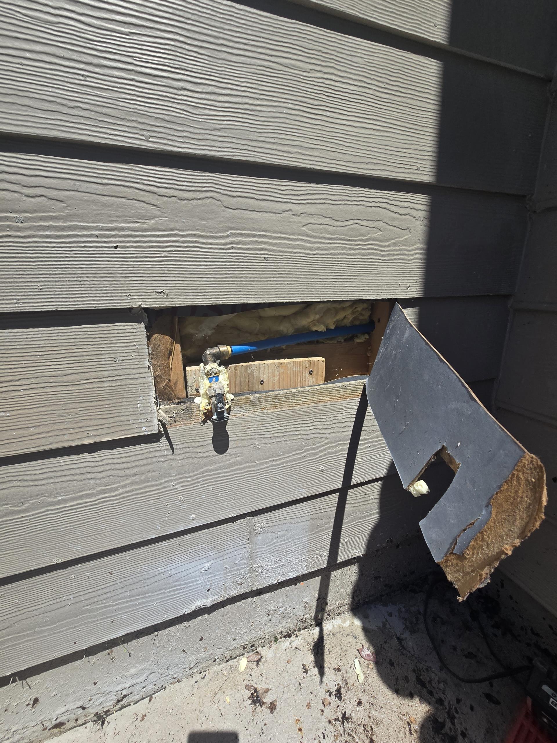 Our licensed plumber addressed a leaking outdoor faucet by cutting and opening the exterior wall to access the plumbing. The faulty hose bib was removed, and a new unit was installed. Water supply lines were reconnected, and the system was thoroughly tested for proper operation and no leaks. We specialize in hose bib replacement, outdoor faucet repair, leak detection, and plumbing services.