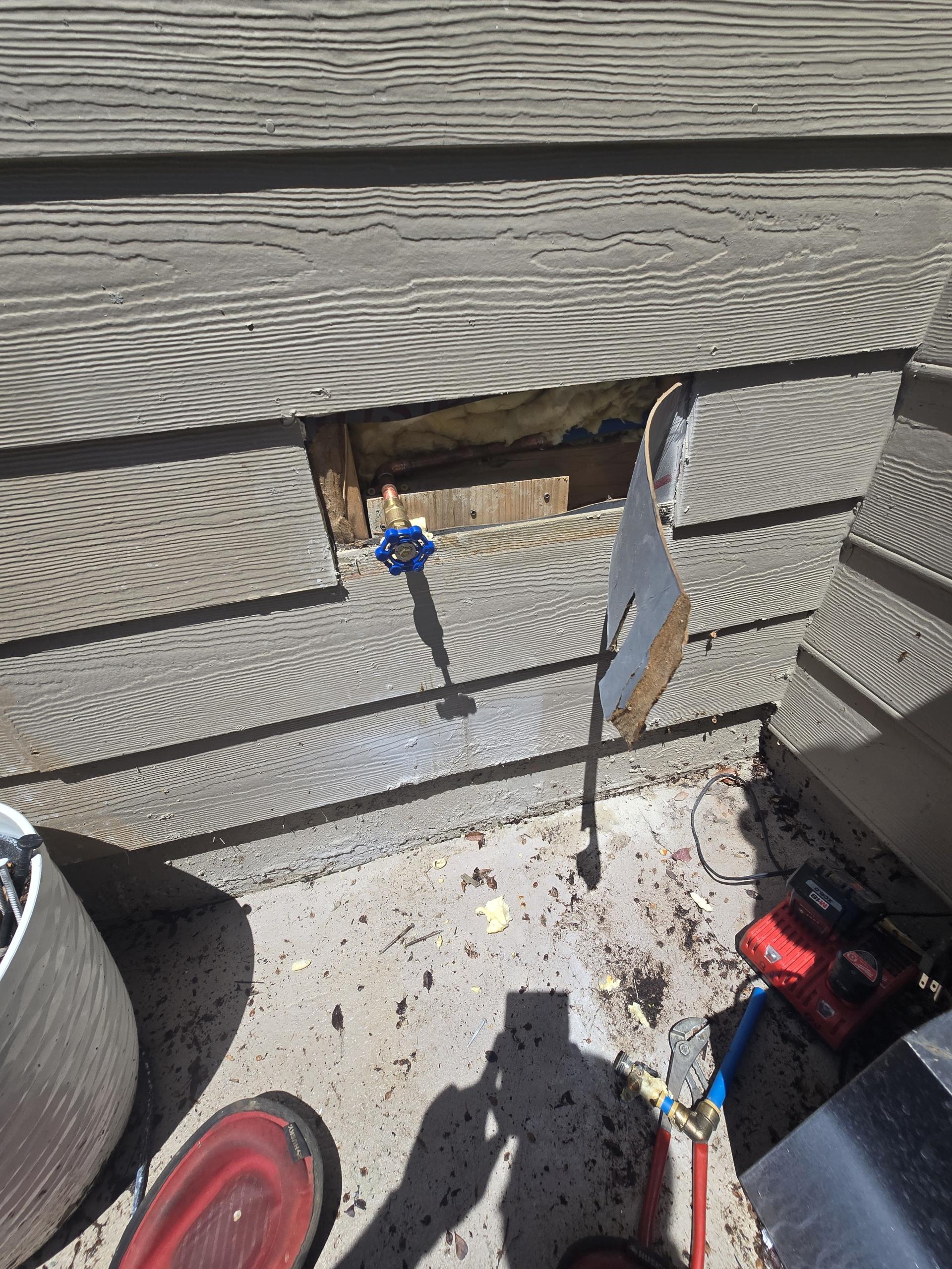 Our licensed plumber addressed a leaking outdoor faucet by cutting and opening the exterior wall to access the plumbing. The faulty hose bib was removed, and a new unit was installed. Water supply lines were reconnected, and the system was thoroughly tested for proper operation and no leaks. We specialize in hose bib replacement, outdoor faucet repair, leak detection, and plumbing services.