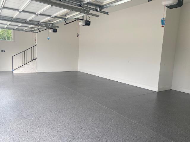 Epoxy Garage Floor Installation - finish line - checkered flag pole position Single Broadcast - polyaspartic hybrid flake flooring