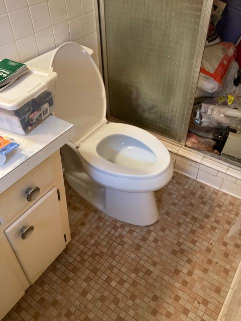 Removed the drain line for the toilet and run a new drain line and flange.
 Removed the drain line for the toilet and run a new drain line and flange.