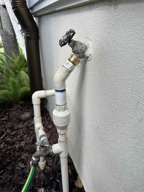 There was a connection to the hose bib that seemed to be for the irrigation or pool equipment that was leaking. I removed and
replaced the old vacuum breaker and replaced all the rubbers in the line. Everything has been put back together with no leaks.
 There was a connection to the hose bib that seemed to be for the irrigation or pool equipment that was leaking. I removed and
replaced the old vacuum breaker and replaced all the rubbers in the line. Everything has been put back together with no leaks.