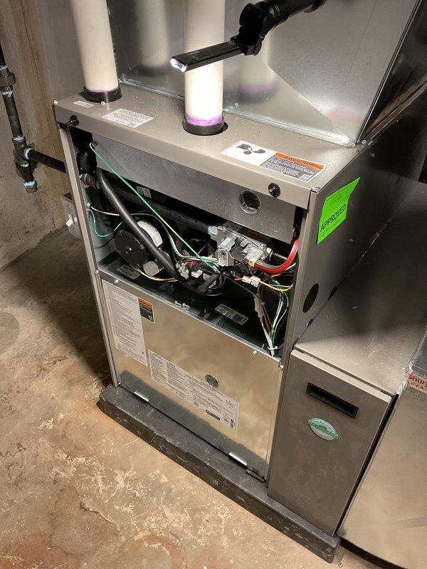 Completed annual furnace maintenance service per Air Care Membership agreement. Performed comprehensive system inspection and tune-up on furnace unit with connected PVC exhaust venting. Visual inspection of water heater confirmed proper installation with functional pressure relief valve and appropriate venting.