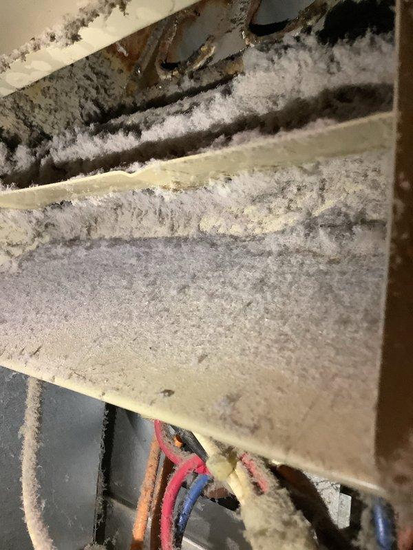 Inspected 15-year-old forced air furnace that was shutting down intermittently. Discovered significant frost buildup on interior components and coils, along with excessive dust accumulation in the ventilation system. Cleaned air ducts, removed frost buildup, and serviced system to restore proper operation.