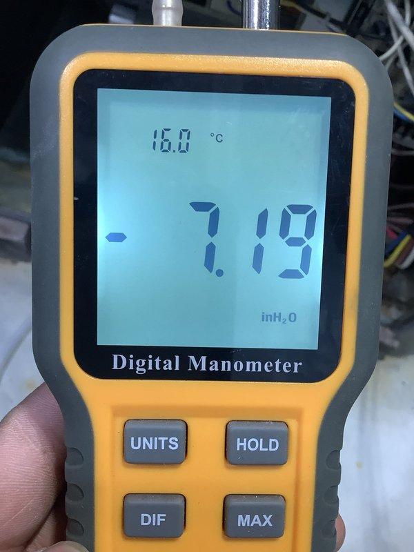 Responded to call back for system not coming on at a 2012 unit. Performed gas pressure test with digital manometer, obtaining reading of 7.19 inH₂O at 16.0°C. Inspected Resideo control module and associated wiring connections, finding all components operational after servicing.