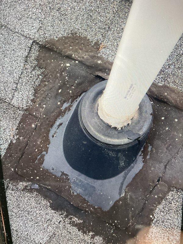 Responded to callback for water leakage at the first elbow of 2" exhaust PVC pipe. Inspection revealed moisture accumulation around the roof penetration boot and deterioration where the pipe connects to the sealing assembly. Repaired the compromised seal and verified proper function of the exhaust system.