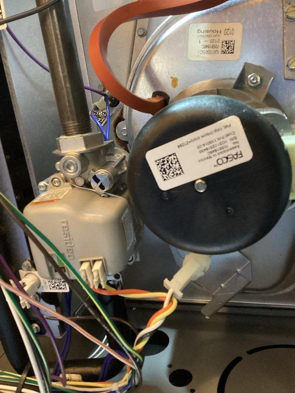 Performed scheduled Air Care Heating and Cooling maintenance. Inspected internal HVAC components including FASCO motor assembly and Teledyne gas valve. Replaced filter and humidifier pad as needed per maintenance protocol.