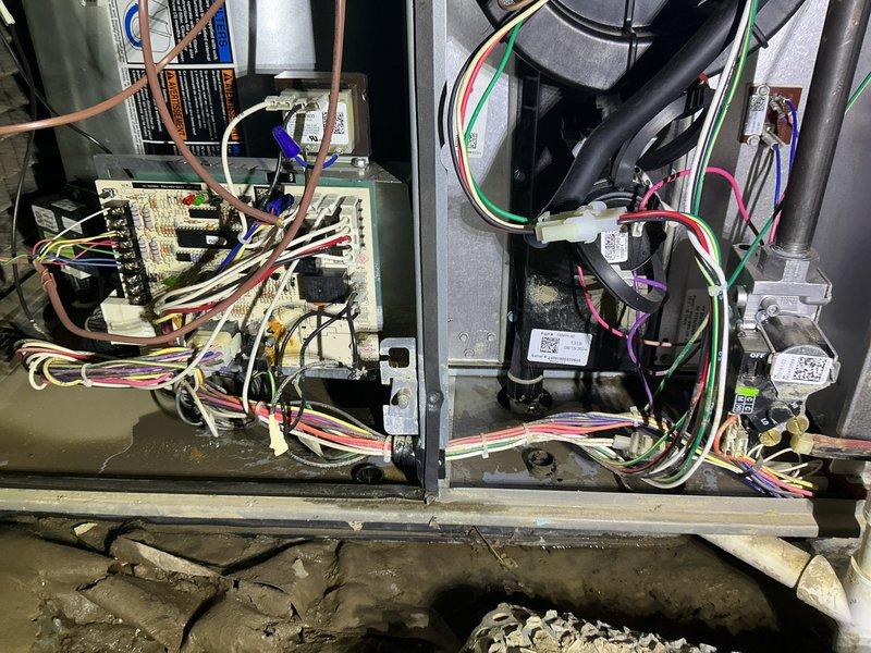 Responded to a no-heat call for a 2024 Lennox furnace located in the crawl space. Upon inspection, diagnosed electrical connection issues at the circuit board, with multiple colored wires requiring proper reconnection. Successfully repaired and tested the system, restoring heat function with all components now operating properly under existing parts and labor warranty.