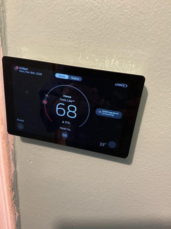 Performed annual maintenance on 10-year-old Lennox furnace system. Checked thermostat functionality (currently set to 68°F with heat threshold at 66°F) and inspected furnace components including blower motor, electrical connections, and PVC intake/exhaust vents. System is operating normally with next maintenance recommended in 2025.