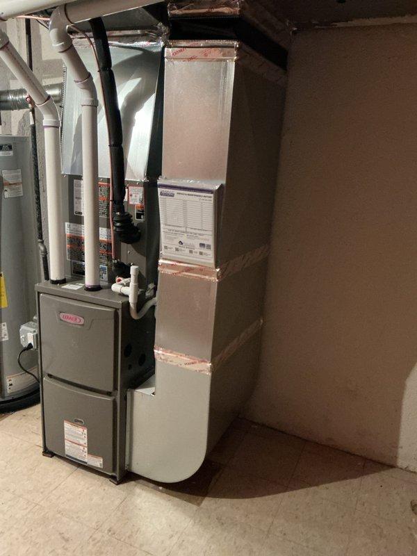 Successfully installed a complete HVAC system including a 70,000 BTU Lennox furnace and 2-ton air conditioning unit with proper mechanical and electrical connections. System installation included rear liner placement, all necessary ductwork properly sealed with metallic tape, and PVC exhaust/intake pipes, with all permits requested and documentation completed.