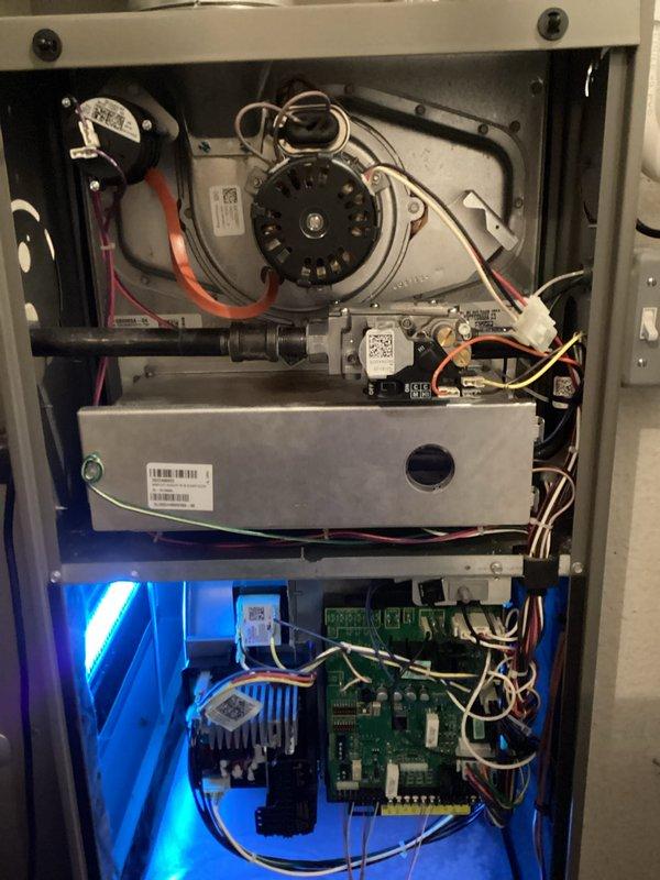 Conducted scheduled AHC maintenance on air handler unit. Inspected blower motor assembly, electrical components, and control board for proper operation. System was found functioning normally with all connections secure and circuit board displaying proper LED indicators.
