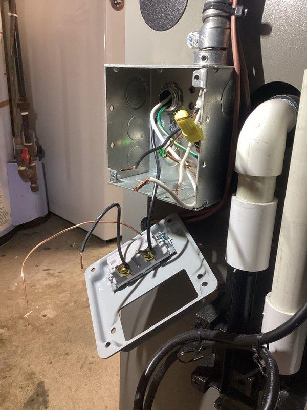 Responded to service call for GFI repeatedly tripping on a new 2024 furnace installation. Inspected electrical junction box and found loose connections causing intermittent short circuit. Secured all wiring connections, properly mounted junction box, and verified proper grounding. System now operating normally with no GFI trips during extended testing period.