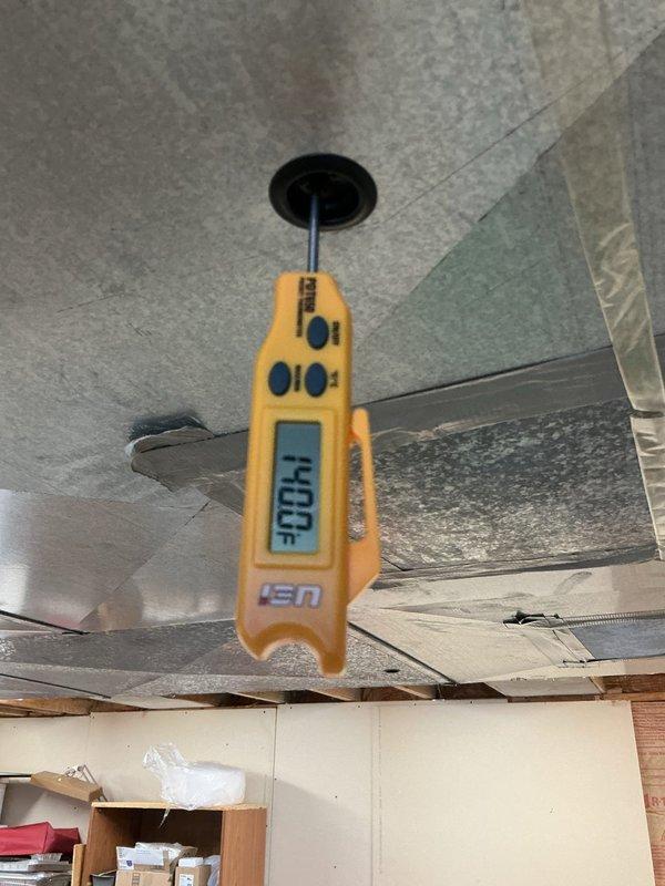 Performed diagnostic testing on HVAC system to investigate temperature inconsistency between rooms. Measurements with UEi testing device revealed 40.4°F at ceiling vent and 25.9°F at electrical connections. System is under both parts and labor warranty.