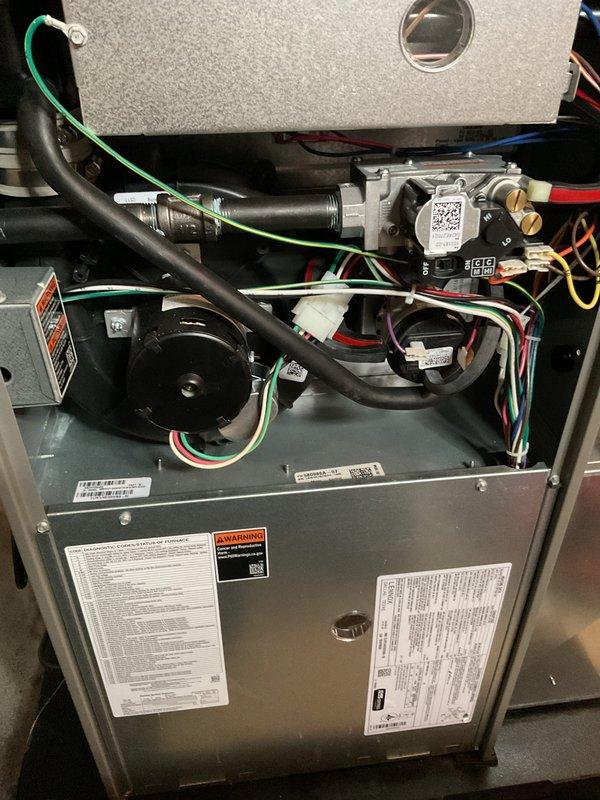 Performed annual furnace maintenance per Air Care Membership agreement. Completed comprehensive inspection of furnace interior components including blower motor, wiring connections, circuit board, and heat exchanger - all found to be in proper working condition. System operating normally with no issues detected; documentation photos taken of internal components for service records.