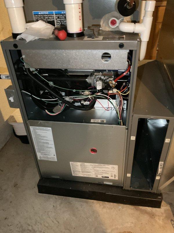 Performed scheduled Air Care Heating maintenance service including comprehensive inspection of the furnace system. Replaced air filter and conducted visual examination of all internal components including electrical connections, control board, and PVC ventilation pipes. All systems verified to be functioning properly with no issues identified.