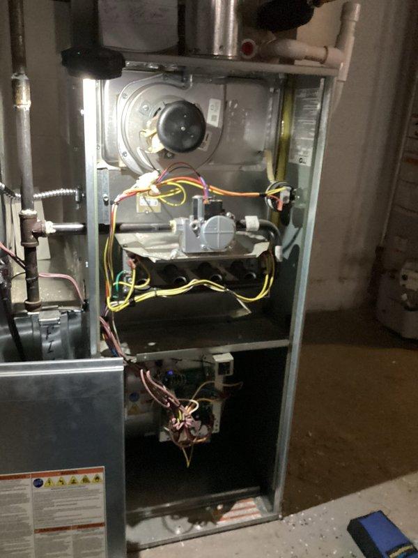 Performed annual furnace maintenance on a 0-year-old system as requested. Conducted comprehensive inspection of internal components including blower motor, electrical connections, and control modules with all wiring (yellow, red, white, blue) found in proper working condition. System was thoroughly cleaned of accumulated dust/debris and verified proper operation; unit is functioning correctly with next maintenance recommended in 2025.