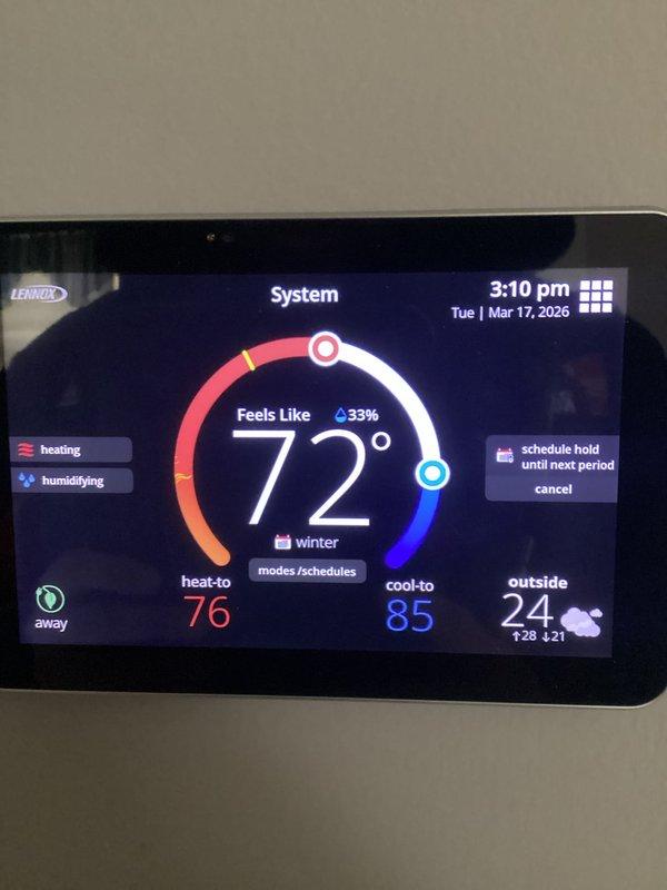 Performed annual heating maintenance service on Lennox system. Inspected thermostat functionality, confirming proper operation in heating and humidifying modes with winter settings programmed correctly. Examined interior components including blower motor, electrical connections, and circuit board, all found to be in good working condition with no issues detected.