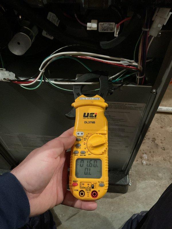 Performed annual furnace maintenance on unit with contract maintenance through 2025. Conducted electrical testing using UEi DL379B clamp meter, measuring amperage draws on various components. All systems functioning within normal parameters with no operational issues detected.