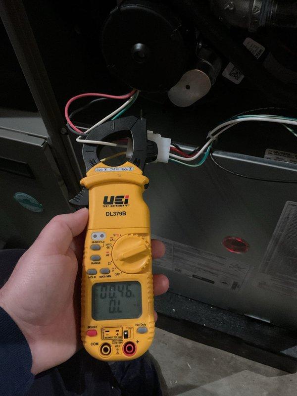 Performed annual furnace maintenance on unit with contract maintenance through 2025. Conducted electrical testing using UEi DL379B clamp meter, measuring amperage draws on various components. All systems functioning within normal parameters with no operational issues detected.