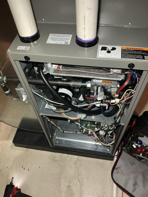 Completed ComfortGuard Maintenance Package on Lennox furnace system, which included comprehensive inspection of internal components (heat exchanger, wiring harnesses, circuit boards) and verification of proper exhaust ventilation through PVC pipes. Unit was found to be in normal working condition with no visible damage or deterioration; service included installation of required pad as specified in the specialty service request.