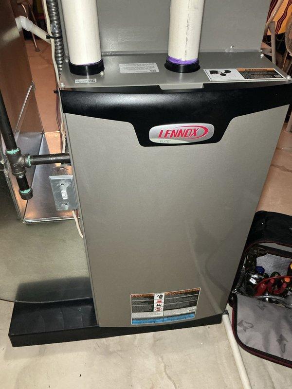 Completed ComfortGuard Maintenance Package on Lennox furnace system, which included comprehensive inspection of internal components (heat exchanger, wiring harnesses, circuit boards) and verification of proper exhaust ventilation through PVC pipes. Unit was found to be in normal working condition with no visible damage or deterioration; service included installation of required pad as specified in the specialty service request.
