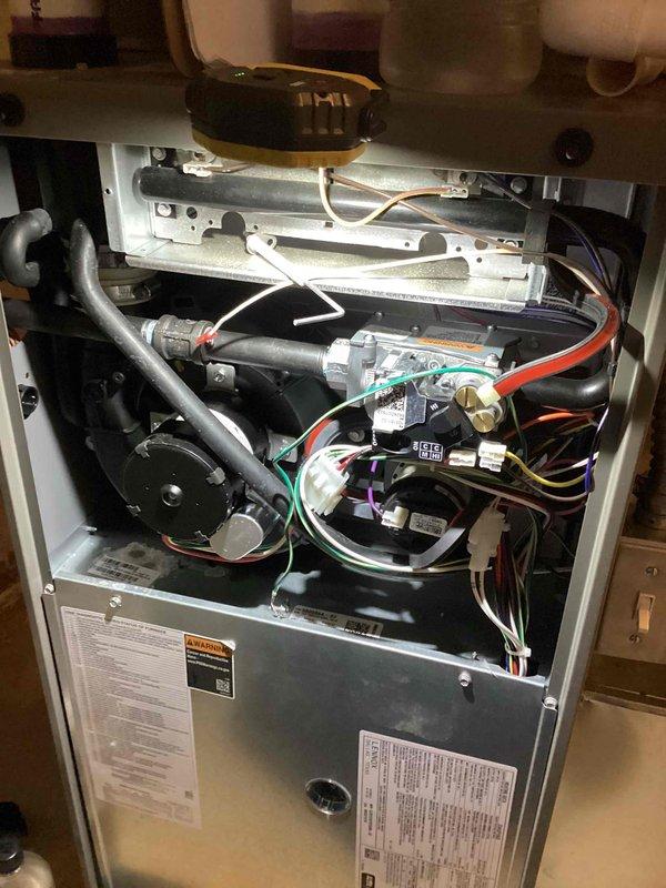 Performed annual furnace maintenance as requested, with unit currently operating properly. Conducted comprehensive inspection of internal components including blower motor, electrical connections, and control boards as documented in photos. Completed standard tune-up procedures to ensure optimal system performance through next service cycle in 2025.