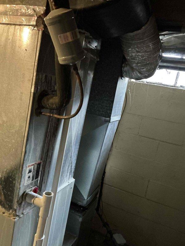 Performed comprehensive inspection of 30-year-old non-functional natural gas furnace located in basement. Assessment revealed significant age-related deterioration, moisture issues evidenced by damp concrete flooring, and outdated ductwork configuration. Recommended complete system replacement due to equipment age, failure condition, and potential efficiency improvements.