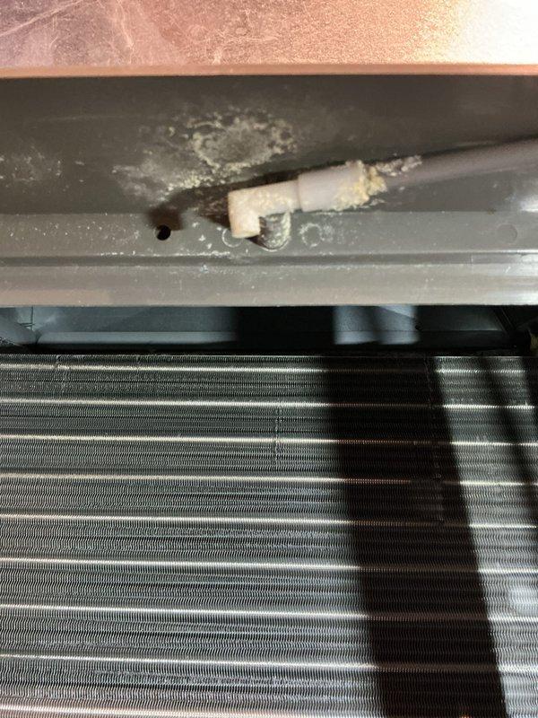 Diagnosed non-operational humidifier. Inspection revealed corrosion and mold growth on the evaporator coil along with deterioration around the water supply connection. Replaced damaged components and restored proper humidification function.