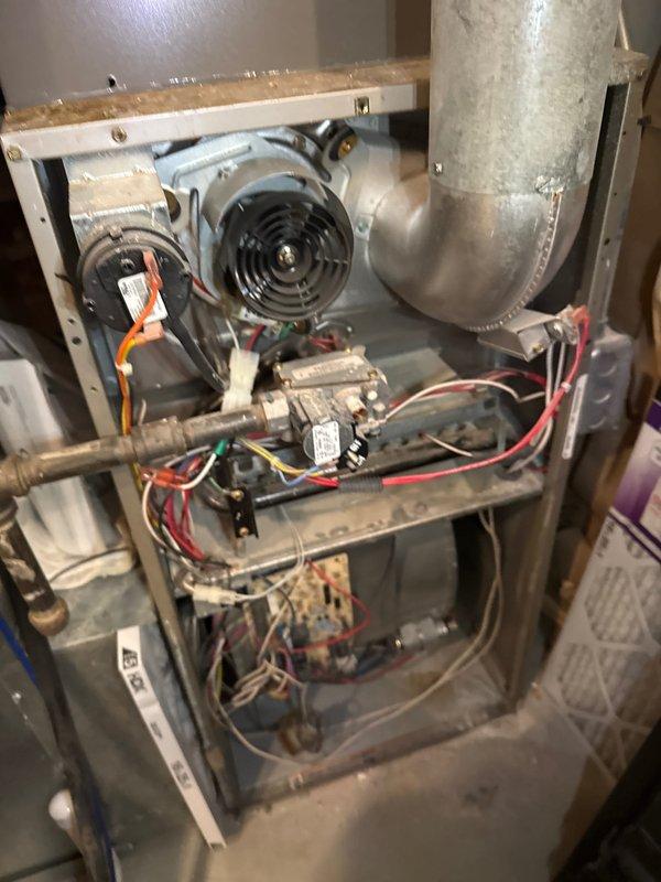 Performed annual heating maintenance on furnace as part of customer's membership service. Inspected blower motor assembly, electrical connections, and control components, confirming all systems are operating correctly with no issues detected. Interior inspection revealed normal dust accumulation but all components are in functional condition with no signs of damage or deterioration.