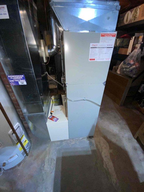 Conducted assessment of 21-year-old HVAC system in basement, with non-functioning natural gas furnace and operational AC unit. Documented existing equipment configuration including ductwork connections and current installation conditions. Prepared replacement estimate for new furnace and air conditioning system per BOGO promotion.