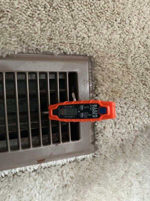 Responded to service call for a 15-year-old forced air furnace not adequately distributing warm air despite system being operational. Performed diagnostic testing using Klein Tools digital temperature meter at floor registers to verify airflow issues. Installed new BNX carbon air filters to replace existing filters, resolving restricted airflow problem and restoring proper heat distribution throughout the home.