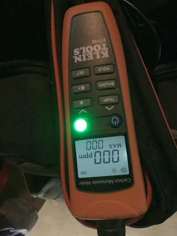 Responded to no-heat call for furnace showing no error codes. Performed carbon monoxide safety check with Klein Tools ET110 meter, confirming 0 PPM reading. Diagnosed and repaired faulty ignition system component, restoring proper heating function.