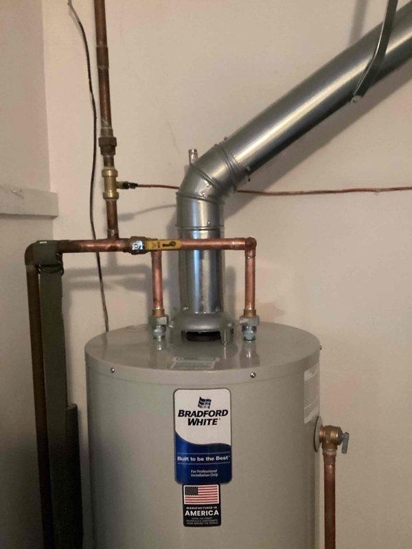 Successfully installed a 40-gallon Bradford White tanked water heater with all required mechanical connections. Completed proper venting with galvanized metal ductwork and connected copper supply lines with appropriate fittings. All permit requirements were fulfilled for mechanical work and hot water heater reconnection.