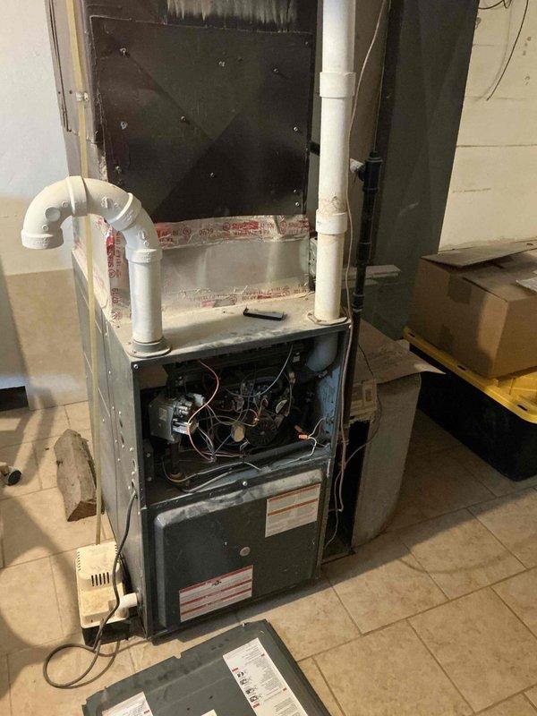 Conducted comprehensive inspection of 2019 furnace and A/C system located in basement. Unit is currently operational but customer is seeking replacement options. Examined exposed internal components, wiring, and ventilation system including PVC exhaust piping. Customer inquired about promotional offers and Costco program affiliation.