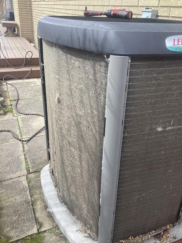 Performed routine maintenance tune-up on 4-year-old forced air furnace system. Inspected outdoor condenser unit showing normal weathering and measured supply air temperature at 47.8°F using digital thermometer. System functioning properly with no issues identified; next maintenance recommended in 2025.