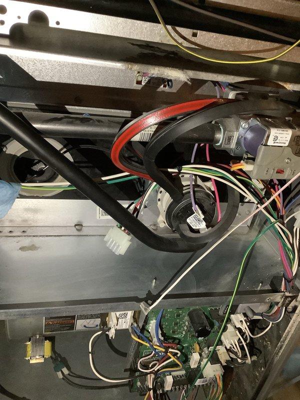 Performed scheduled annual HVAC maintenance service on air handling equipment. Conducted comprehensive inspection of internal components including circuit board, wiring connections, and mechanical elements. System requires replacement of air filters/pads; all other components appear to be functioning properly.