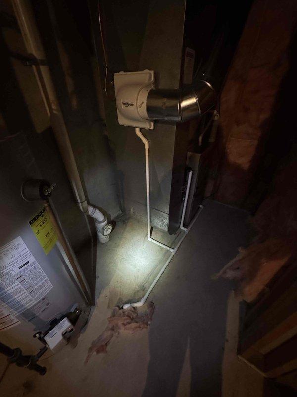 Conducted inspection of 20-year-old AC system for replacement estimate as requested by homeowner. Documented existing installation in confined mechanical space, noting current condensate pump configuration and ventilation ducting. System has reached end of service life and replacement options were evaluated based on site conditions.